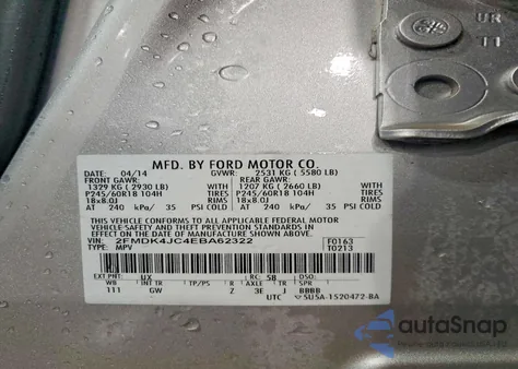 2014 Ford Edge Sel from USA, damaged, VIN 2FMDK4JC4EBA62322